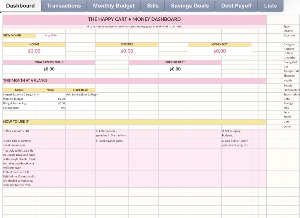 Happy Cart Bundle - Editable Budget & Savings Tracker With Instructions