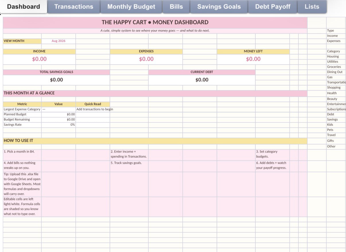 Happy Cart Bundle - Editable Budget & Savings Tracker With Instructions