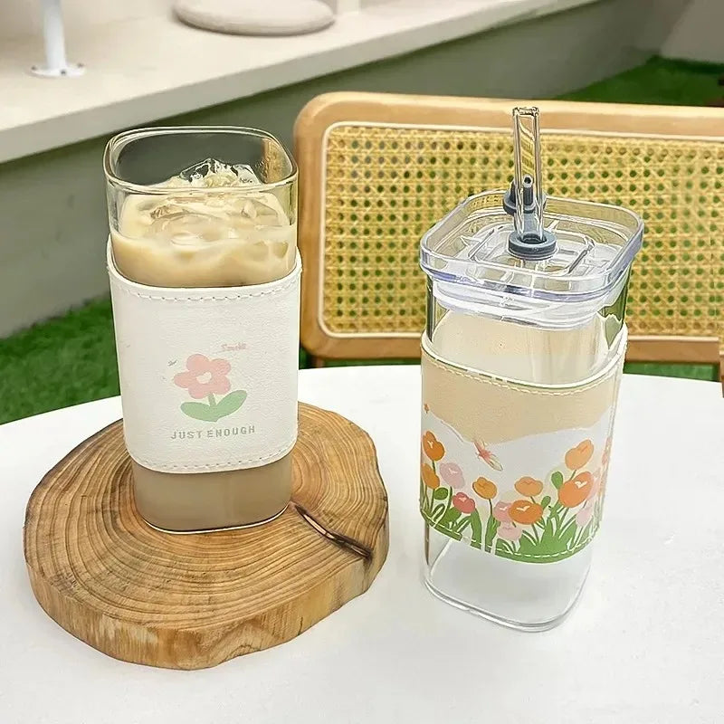 Glass Tumbler Set with Lid & Straw